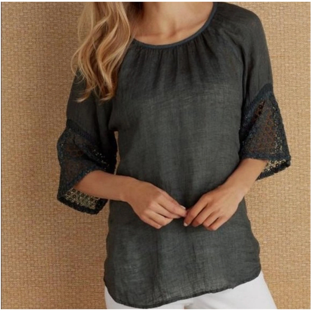 Soft Surroundings Crochet Sleeve Grey Tunic Top 100% Linen LG